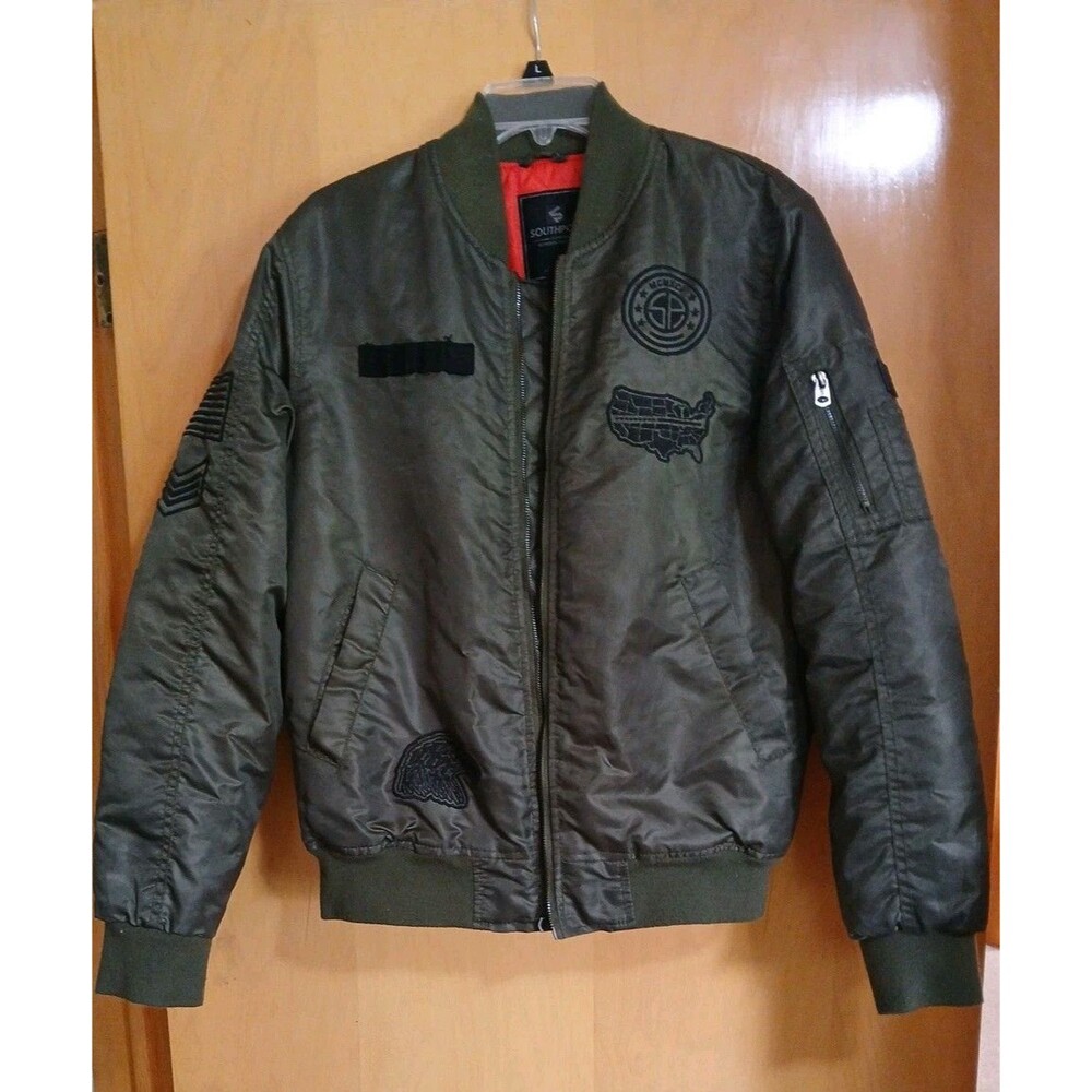 VTG Southpole Flyers Bomber Jacket Mens S Army Green Satin Quilt Lined Hip-Hop